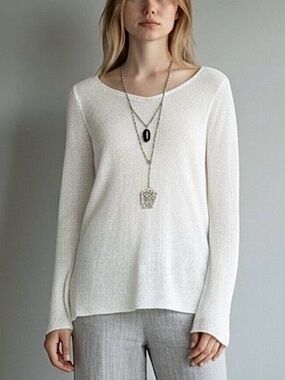 NWOT Acrobat 100% Linen Sweater Sz L White V-Neck Relaxed Fit Lagenlook Coastal